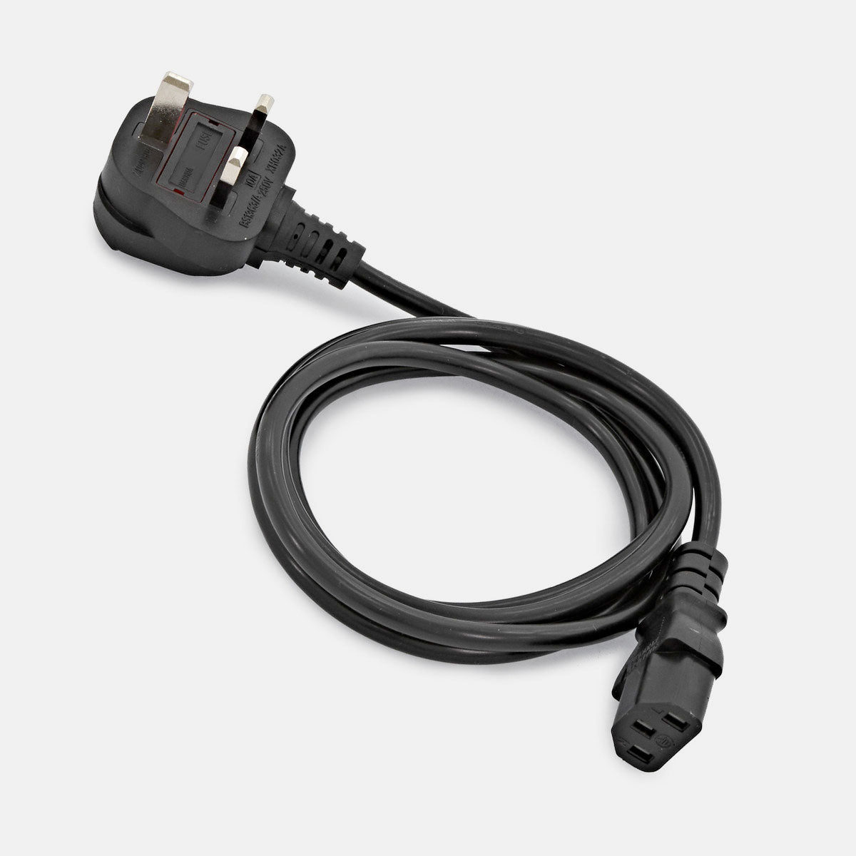 A black UK three-pin power adapter cable with a coiled cord and a molded plug connector, shown on a light gray background.